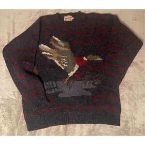 Woolrich Duck Mallard Graphic Knit Sweater Pullover 100% Wool Blue Mens Sz L